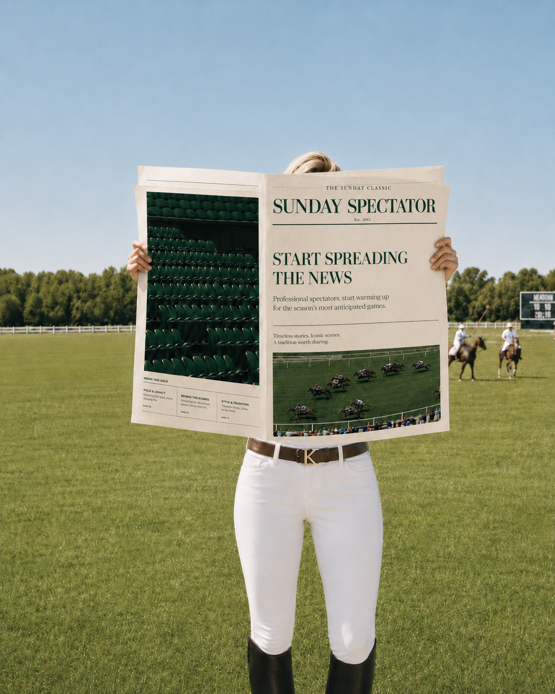 Sunday Spectator — a rider in white breeches and tall boots reading the Sunday Spectator newspaper on the polo field