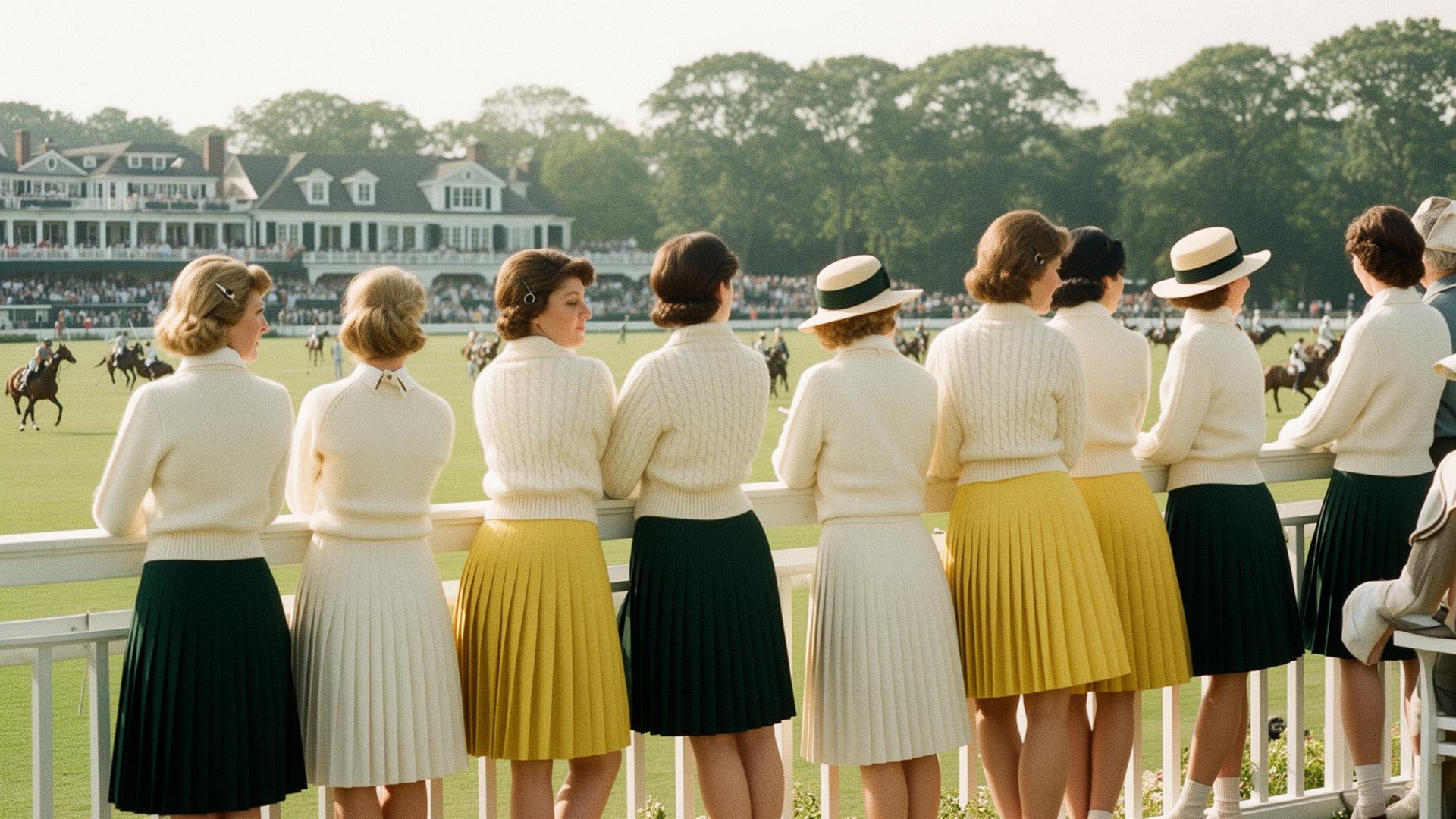 Spectators at a polo match in cream knits and pleated skirts